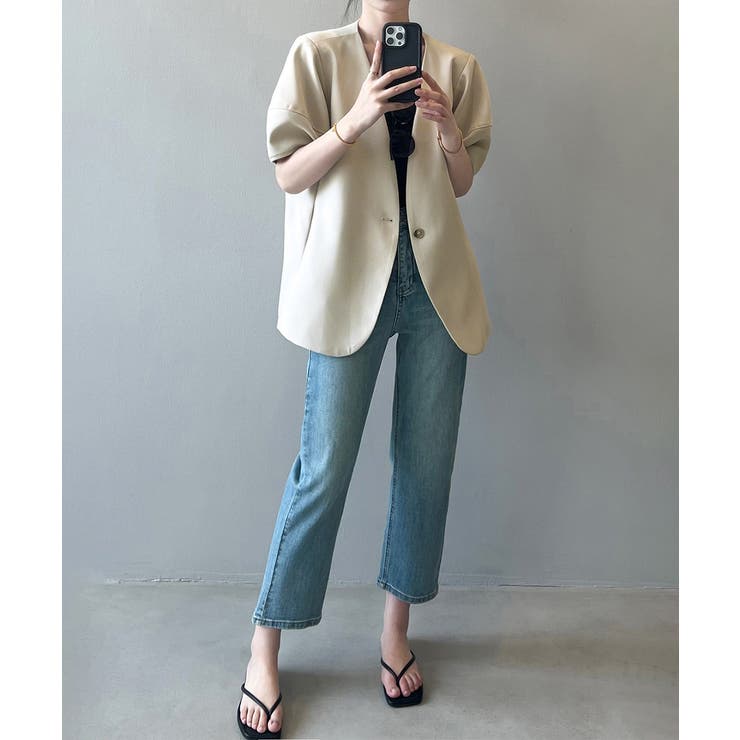 mici 半袖ジャケット　ベージュ ダブルブレス　ジャケット 半袖　ほぼ未使用 アウトレット】UVカット ストレッチ半袖ダブルジャケット