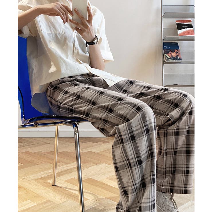 チェック柄 ワイドパンツ レディース オフィスカジュアル[品番 チェック柄 ワイドパンツ レディース オフィスカジュアル[品番