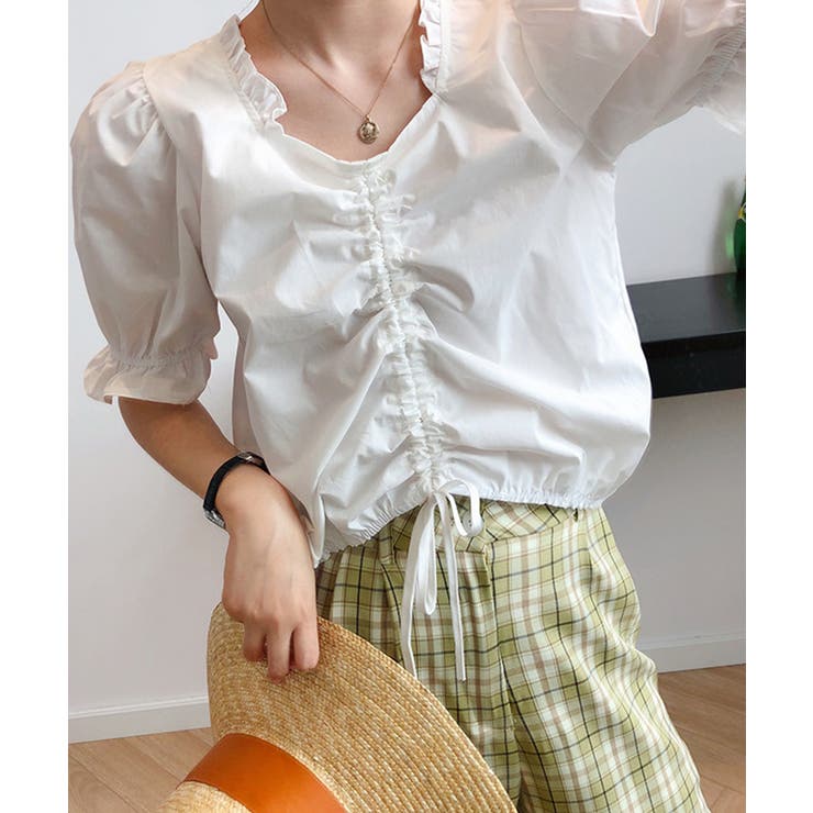 ペンタゴンネックパフスリーブ ブラウス オフィスカジュアル | Aimoon | 詳細画像3 