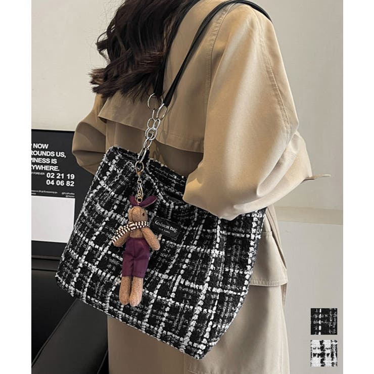 チェック柄トートバッグ ツイード風鞄軽量[品番：II000013214