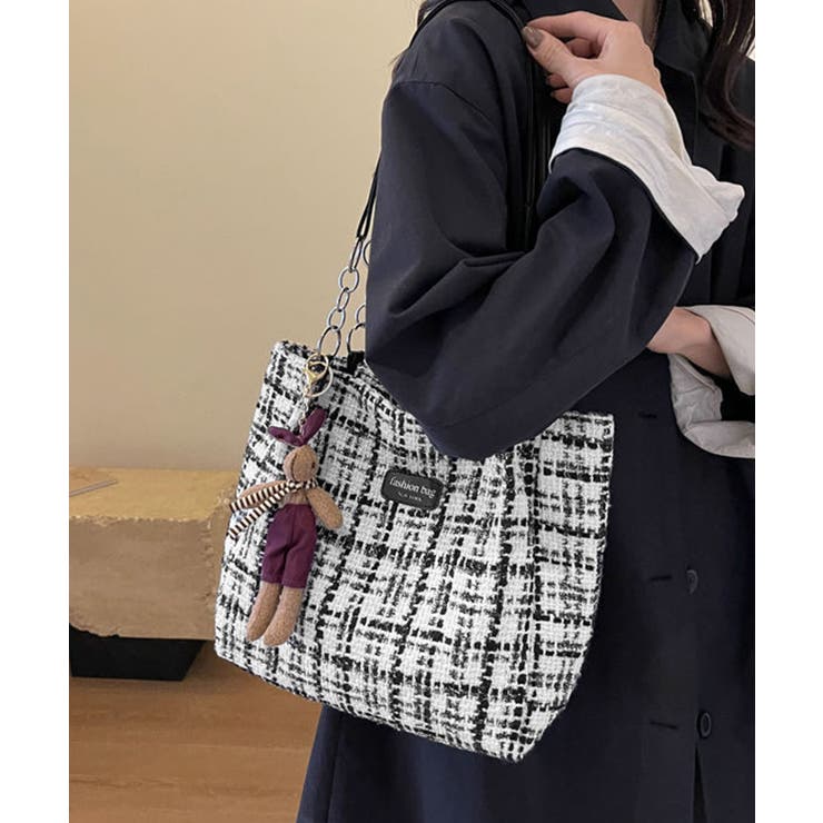 チェック柄トートバッグ ツイード風鞄軽量[品番：II000013214