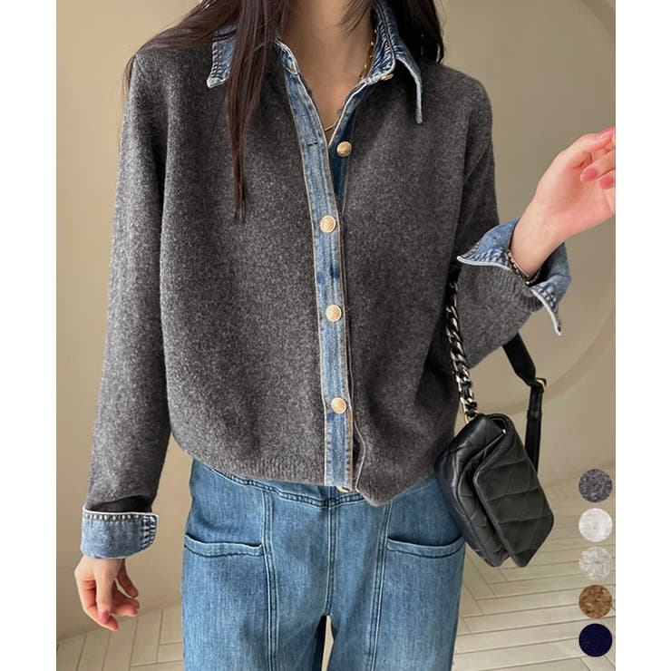 デニム切り替えニットカーディガン 韓国風 | Miniministore | 詳細画像1 