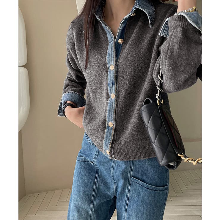 デニム切り替えニットカーディガン 韓国風 | Miniministore | 詳細画像2 