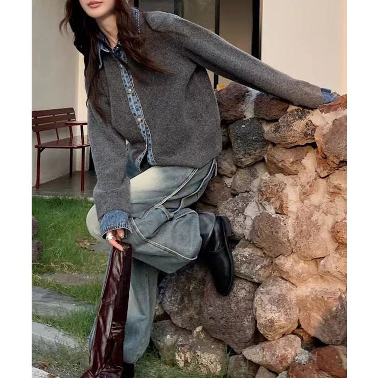 デニム切り替えニットカーディガン 韓国風 | Miniministore | 詳細画像4 