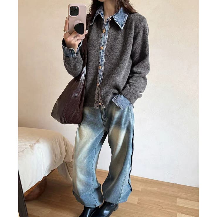 デニム切り替えニットカーディガン 韓国風 | Miniministore | 詳細画像5 