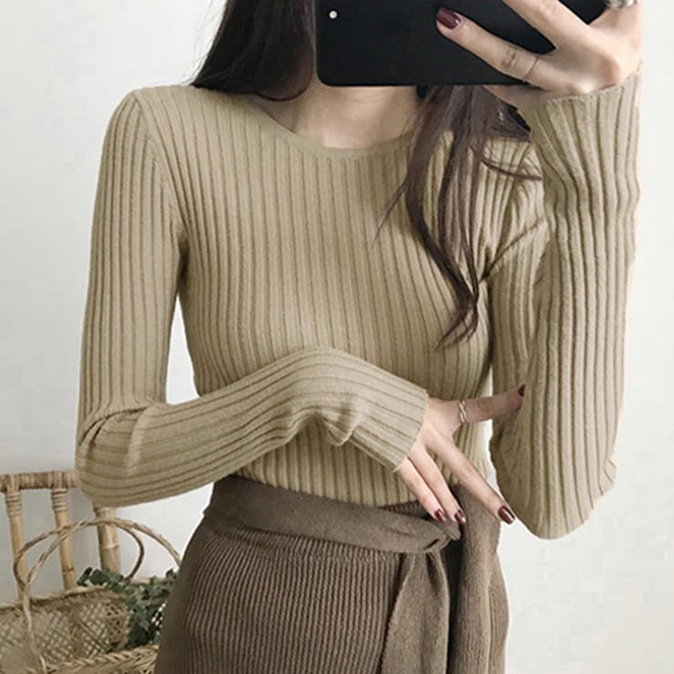 リブニットトップス レディース 大人秋服[品番：II000009266