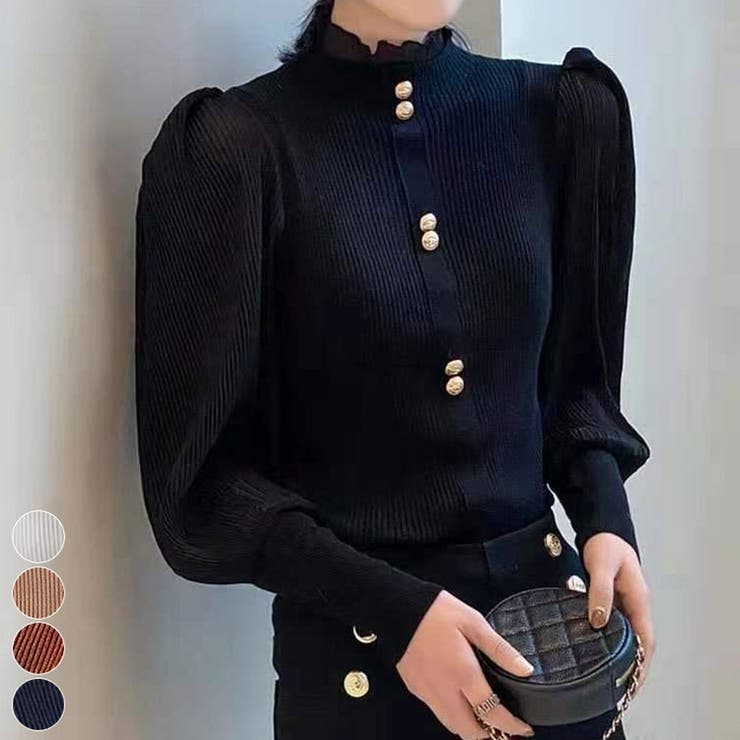 ブラック | パフスリーブ リブニット ブラウス  | ミスウェディー