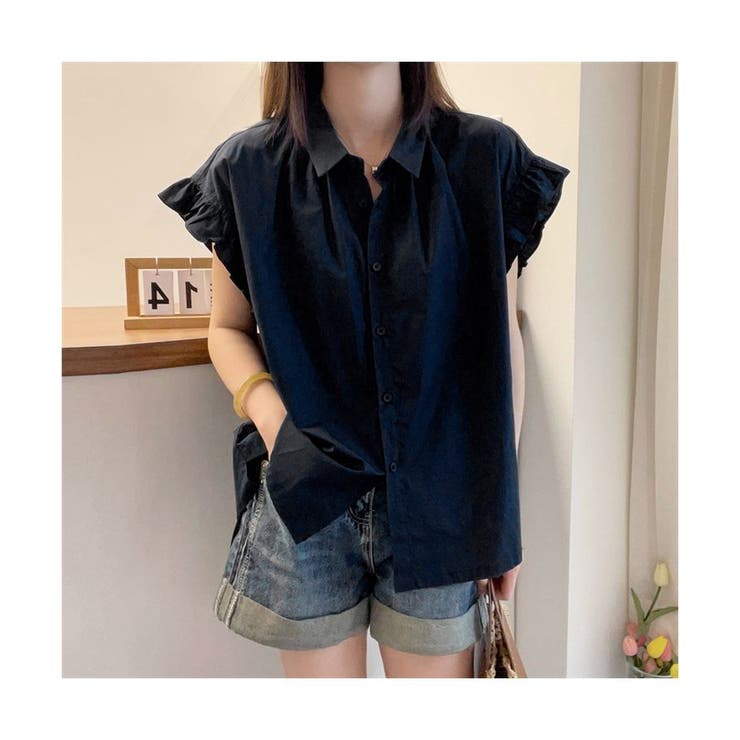 ブラック | ボリューム袖 ブラウス レディース 半袖 フリル | ミスウェディー