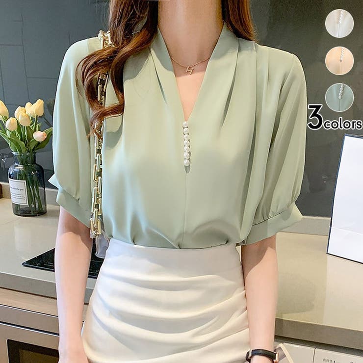 グリーン | トップス パール付きブラウス Vネック | ミスウェディー