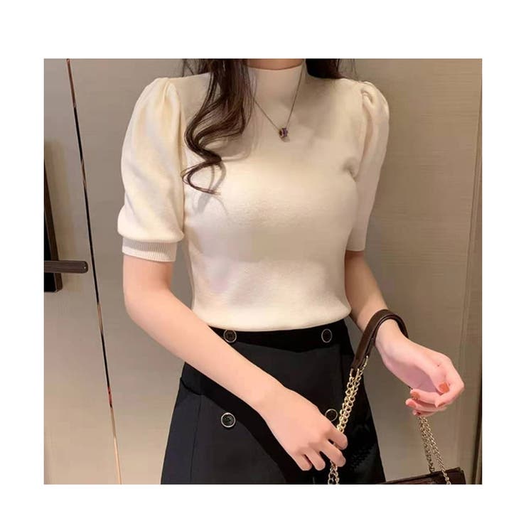 ライトベージュ | リブニット パワーショルダー 5分袖 | ミスウェディー