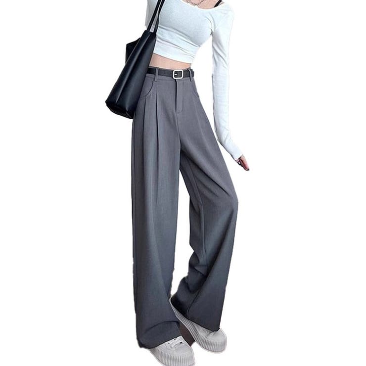 ハイウェストワイドストレートパンツGRY スラックスパンツ ハイウエスト ストレートパンツ[品番