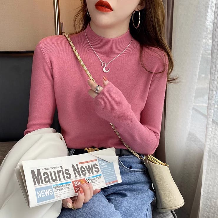 ピンク | ハイネックニット リブニットセーター トップス | ミスウェディー