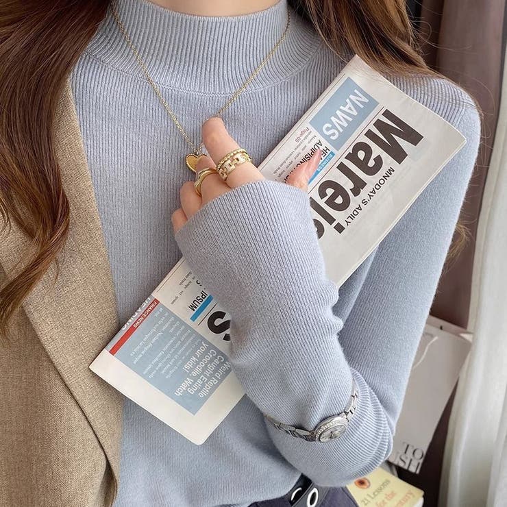 ライトブルー | ハイネックニット リブニットセーター トップス | ミスウェディー