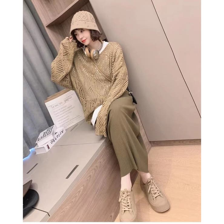 透かし編みニット レディース 長袖 メッシュ レイヤード