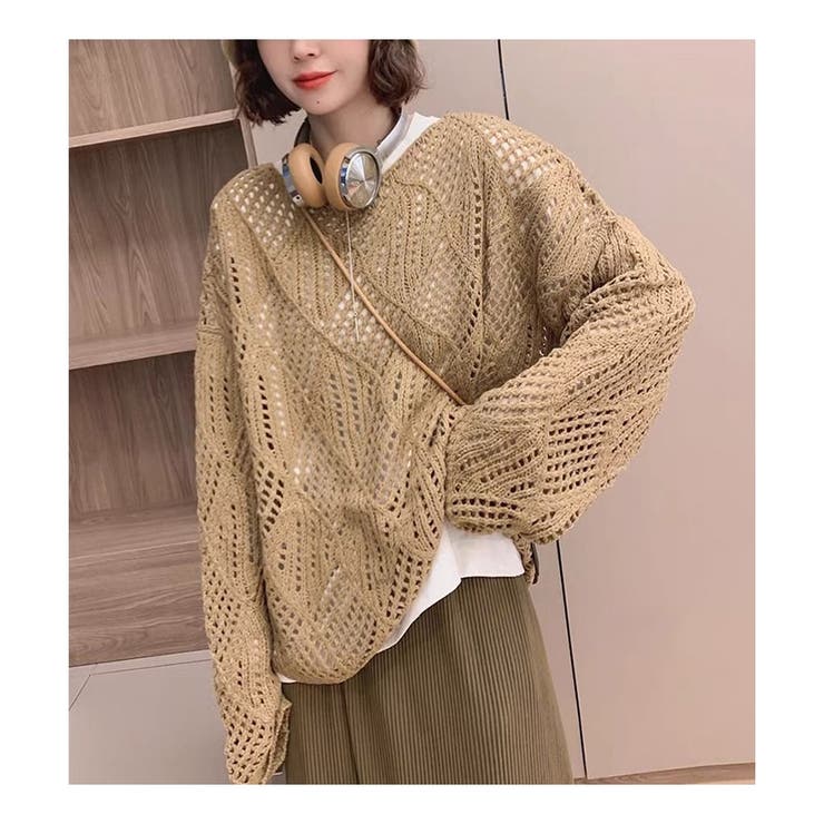 キャメル | 透かし編みニット レディース 長袖 メッシュ レイヤード ゆったり 春秋 韓国 | ミスウェディー