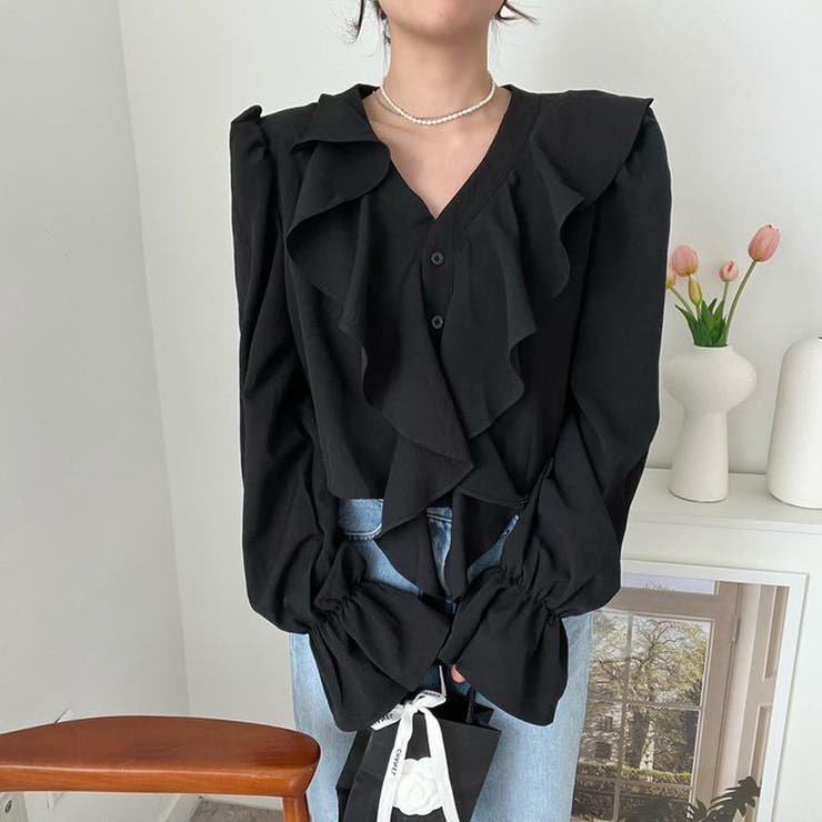 ベルスリーブブラウス レディース 長袖 Vネック フリル シンプル 春秋 韓国 | ミスウェディー | 詳細画像5 