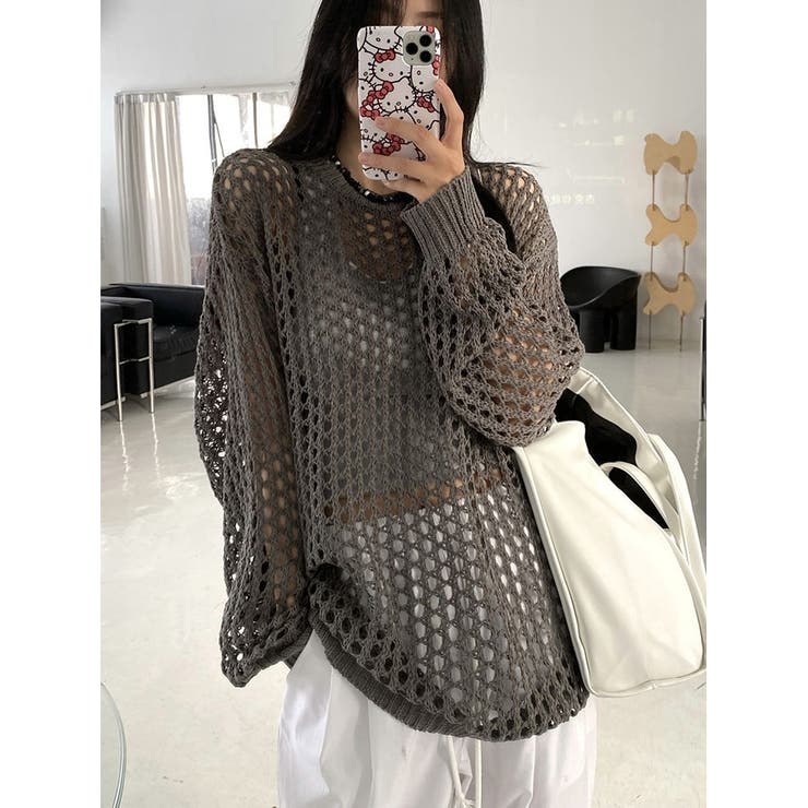 透かし編み ニット レディース 長袖 メッシュ シアートップス 春秋 韓国 | ミスウェディー | 詳細画像8 