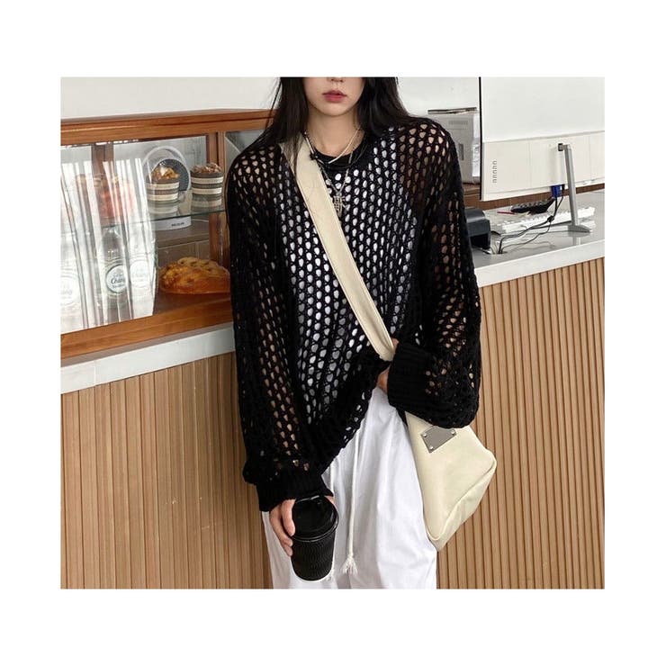 ブラック | 透かし編み ニット レディース 長袖 メッシュ シアートップス 春秋 韓国 | ミスウェディー