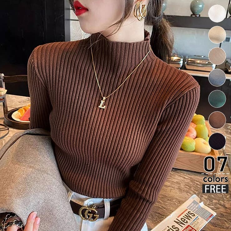 ブラウン | 秋冬ニット ストライプ ハイネック | ミスウェディー