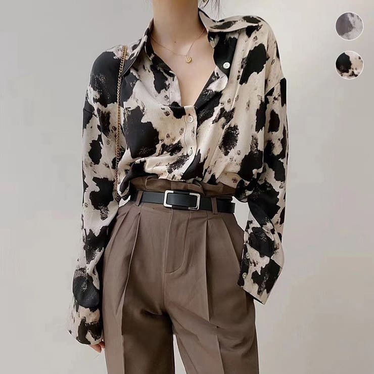 ブラック | レオパードシャツ レディース 長袖 プリント ゆったり シンプル 春秋 韓国 | ミスウェディー