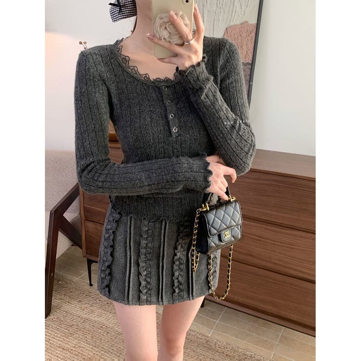 ニットスカート レディース 春 ハイウエスト Aライン ミニ丈 着痩せ 韓国 | ミスウェディー | 詳細画像5 