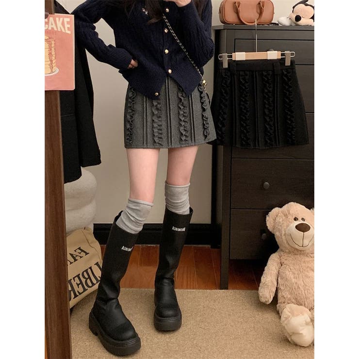 ニットスカート レディース 春 ハイウエスト Aライン ミニ丈 着痩せ 韓国 | ミスウェディー | 詳細画像7 