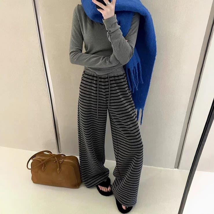 ダークグレー | ボーダー柄 ワイドパンツ レディース | ミスウェディー