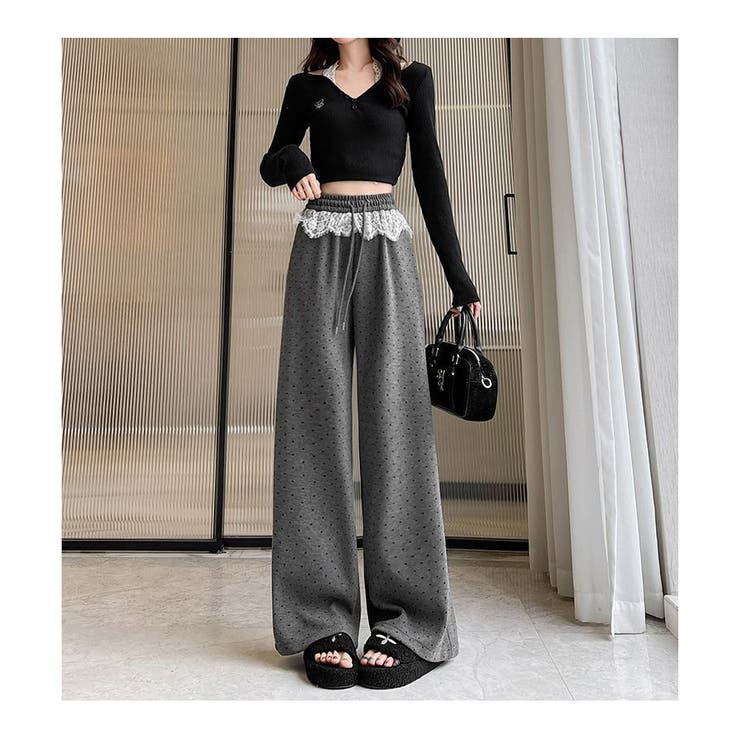 レース切替 ドット柄 ワイドパンツ | ミスウェディー | 詳細画像3