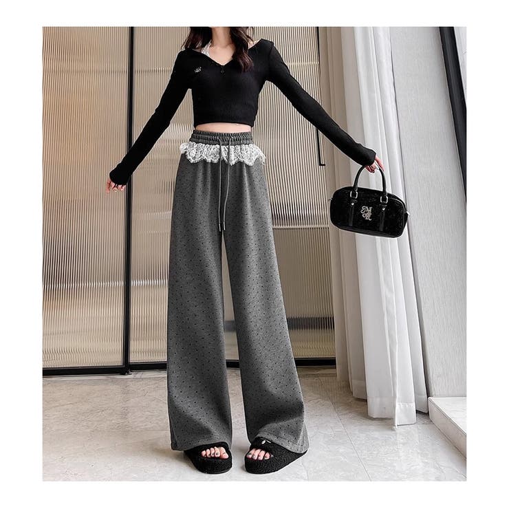 グレー | レース切替 ドット柄 ワイドパンツ | ミスウェディー