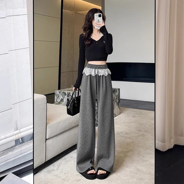 レース切替 ドット柄 ワイドパンツ | ミスウェディー | 詳細画像5