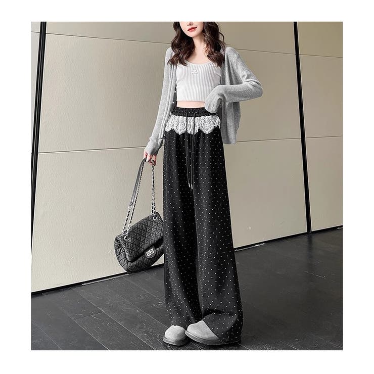 ブラック | レース切替 ドット柄 ワイドパンツ | ミスウェディー