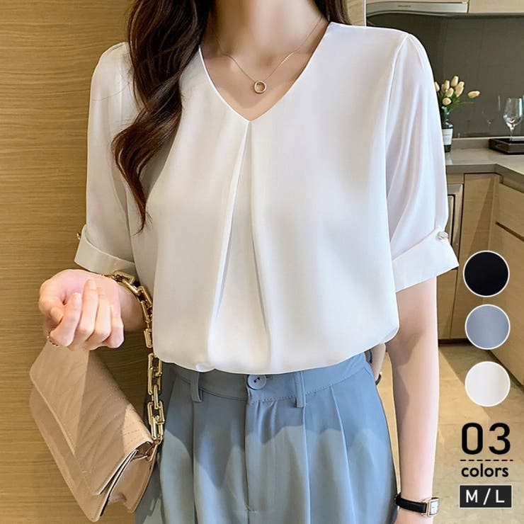 激安！特価品 シャツブラウス半袖 Vネック ブラウス[品番：TKYW0000304]｜ミス シャツ/ブラウス(半袖/袖なし)