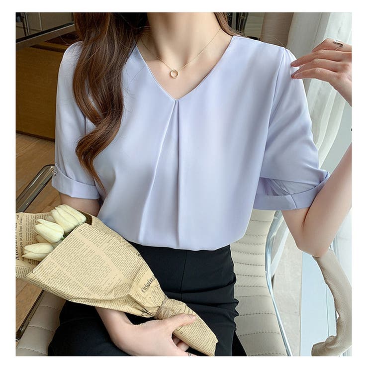 ライトブルー | シャツブラウス 長袖 Vネック | ミスウェディー