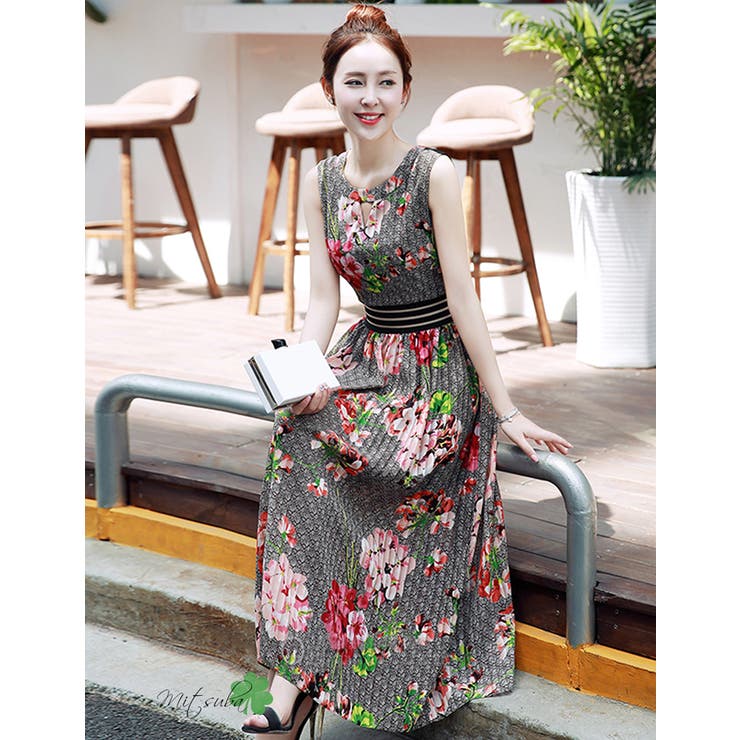 上品な花柄ロングワンピース ワンピース ノースリーブ[品番