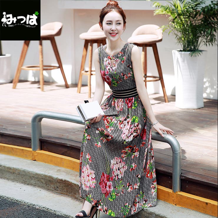 上品な花柄ロングワンピース ワンピース ノースリーブ[品番