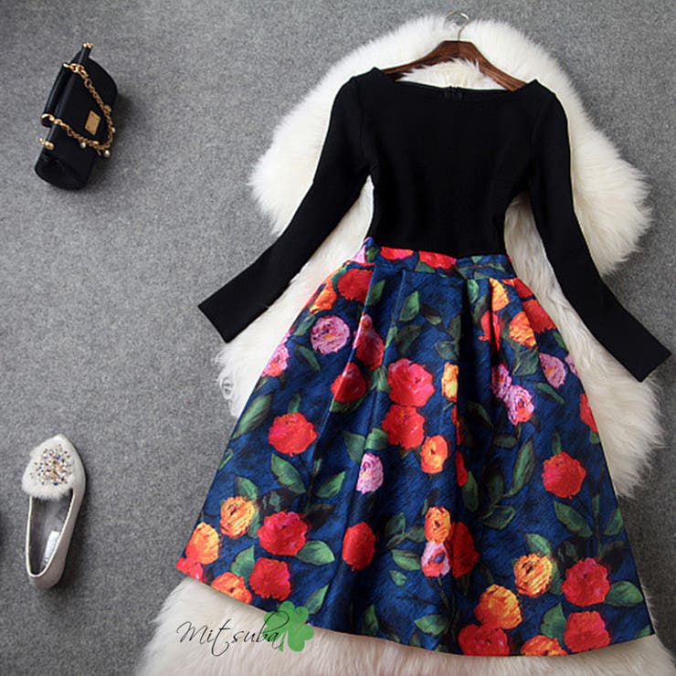 半袖NEW！鮮やかフラワースカートのドッキングドレスドレス パーティドレス ワン… | みつば | 詳細画像4 