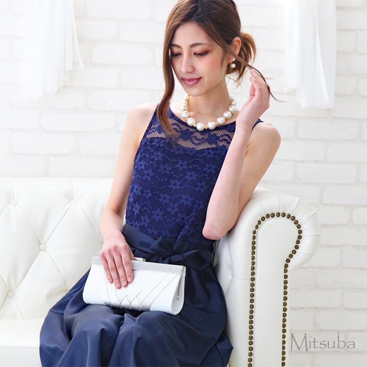 花柄レースとサテンのノースリーブドレス ドレス パーティドレス