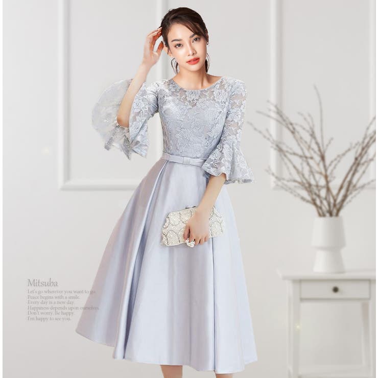 パールグレイ | ウィングスリーブのミモレドレス ドレス パーティドレス | みつば