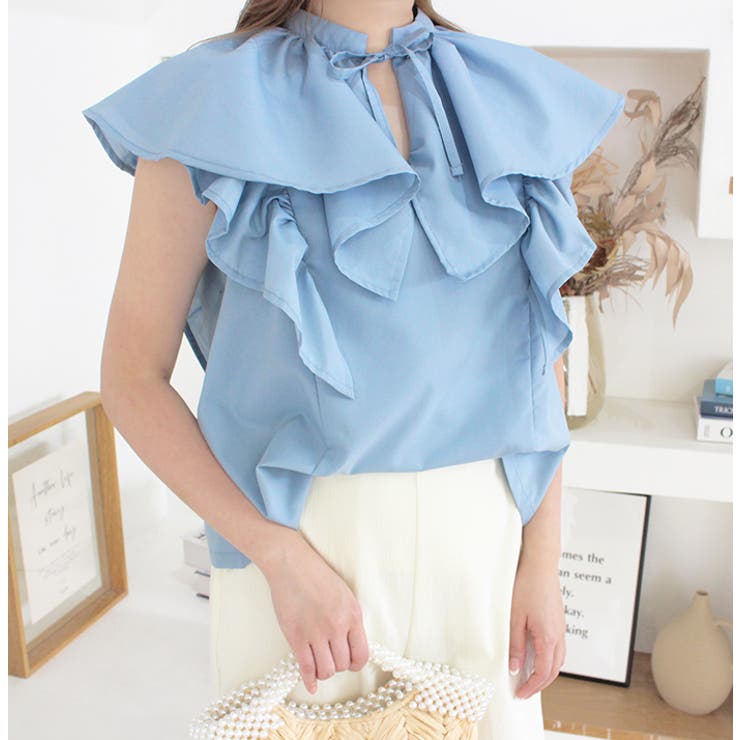 ブルー | ダブルフリルノースリーブブラウス | MODE ROBE