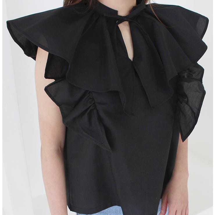 ブラック | ダブルフリルノースリーブブラウス | MODE ROBE