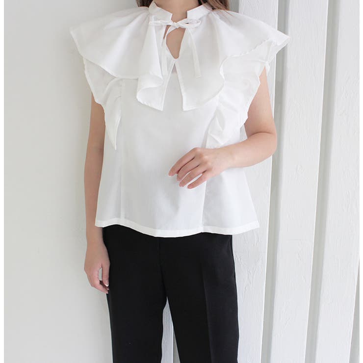 ホワイト | ダブルフリルノースリーブブラウス | MODE ROBE