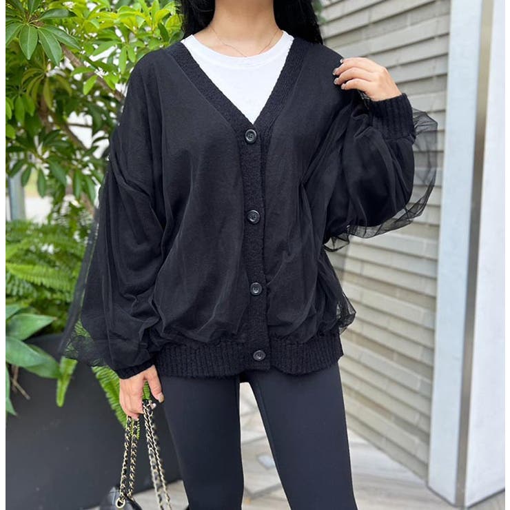 ブラック | チュールレイヤードニットカーディガン | MODE ROBE