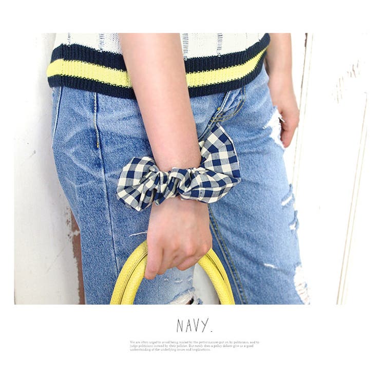 ̮チェック×ファー×デニムリボンのシュシュ