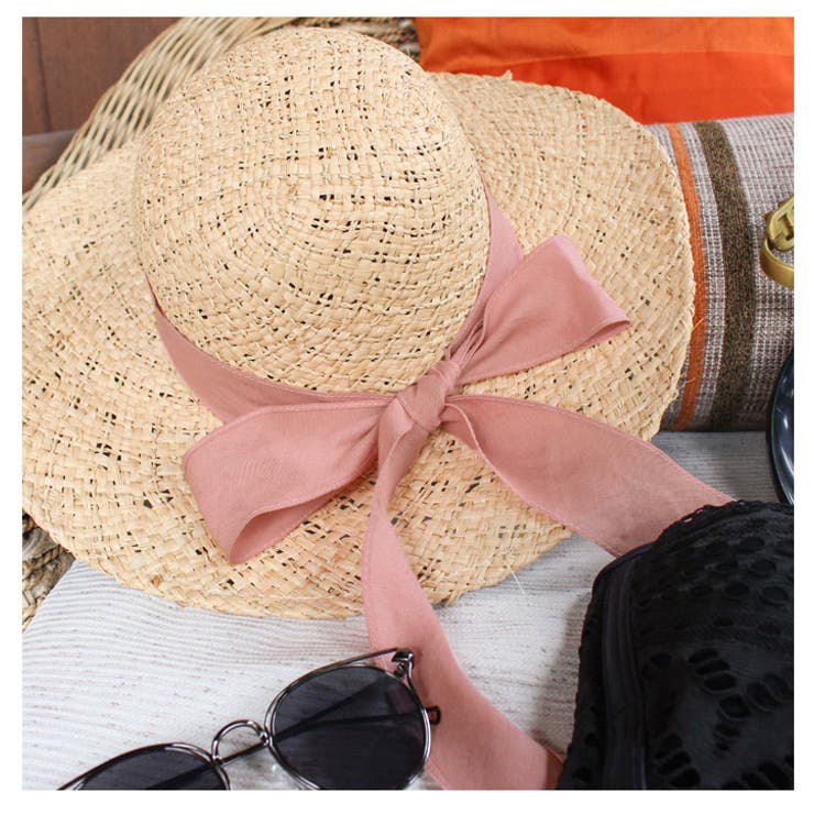 ロングリボン丸クラウンストローハット カンカン帽 帽子[品番