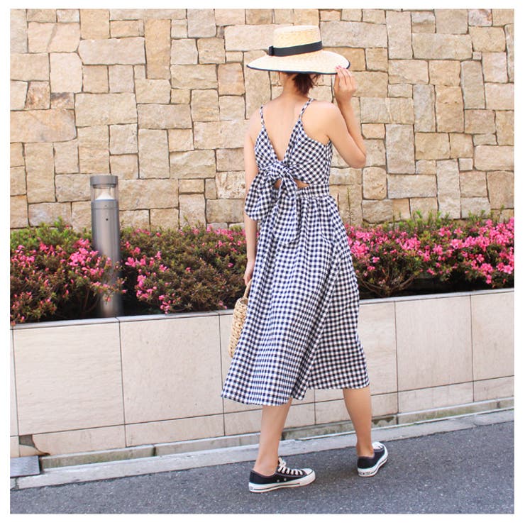 ギンガムチェック バックリボンキャミワンピース キャミワンピ