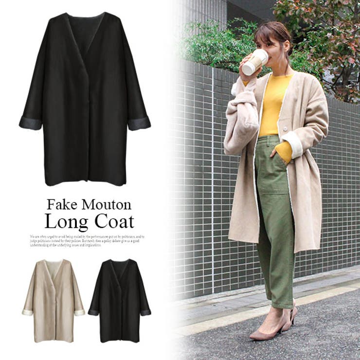 フェイクムートンコート Vネックコート ムートンコート[品番  