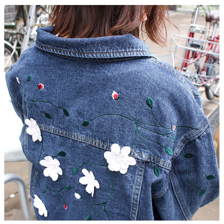 フラワー刺繍デニムジャケット デニム ジージャン[品番