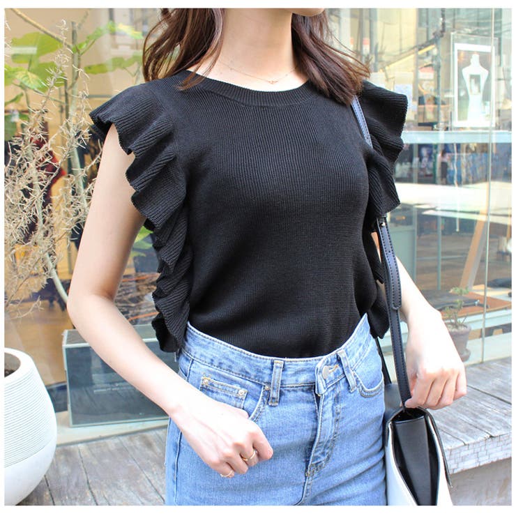 フリルノースリーブニット フリル トップス[品番：MDRW0003728]｜MODE  