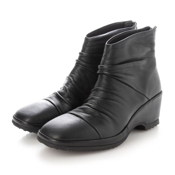 ブラック | ドレープデザインウェッジソールショートブーツ | Mode et Jacomo×ing