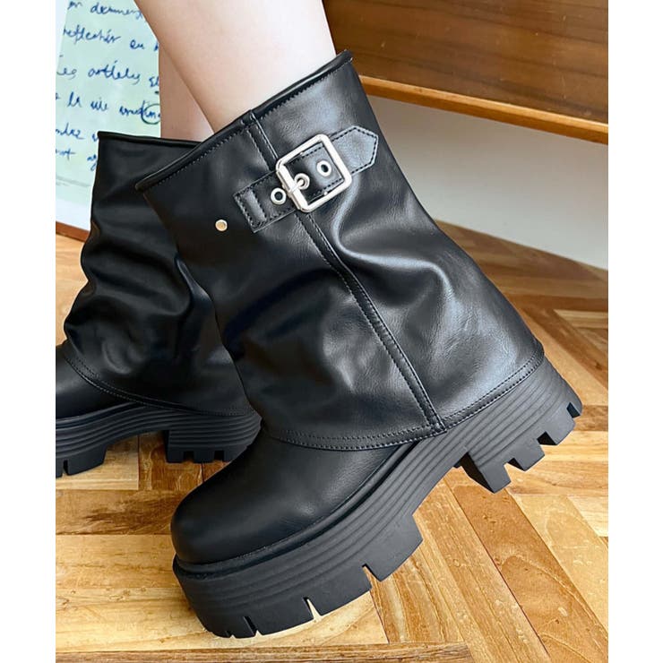 ブラック | 厚底ショートカバーブーツ | moment+